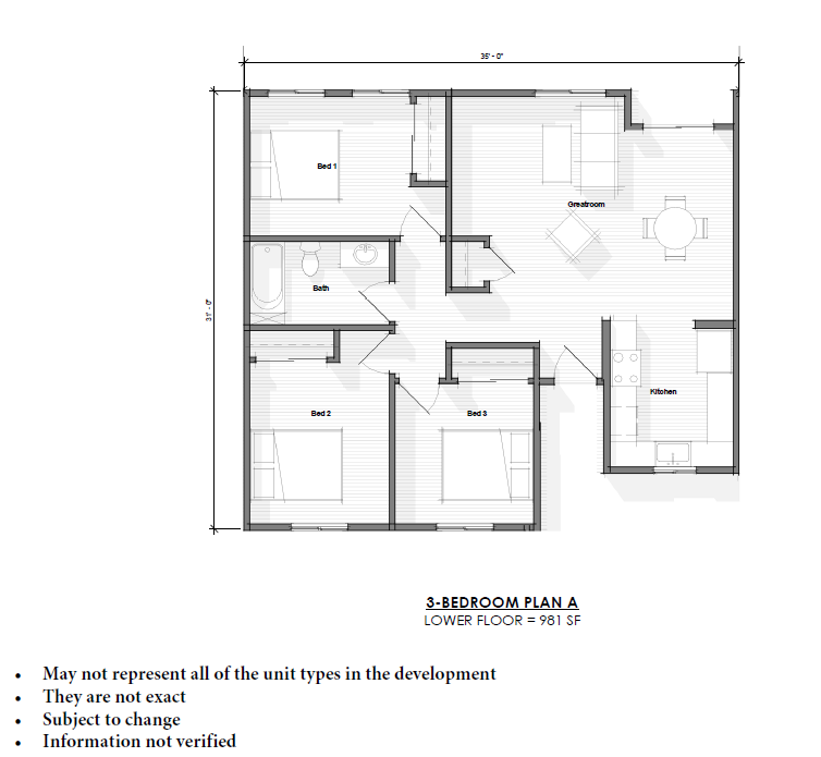 Floor plan for 3 beds, 1 bath, 981 sqft